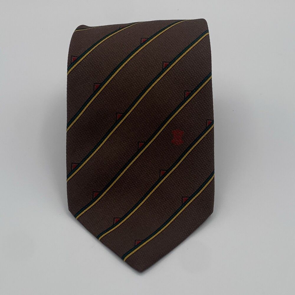 Celine Paris Silk Necktie Brown Green Gold Stripe Logo Men's Designer Tie